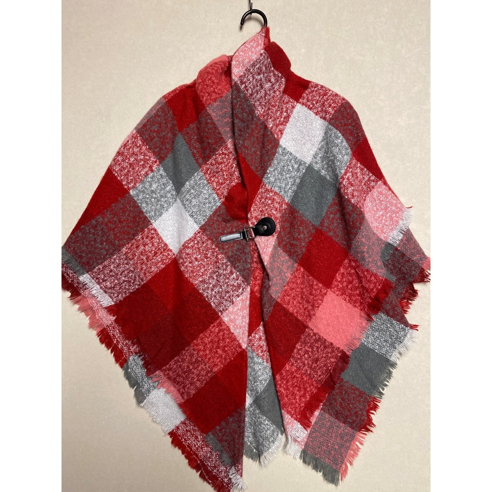 Altare Red Plaid Poncho Wrap Faux Leather Buckle Fringed Oversized Shawl OS